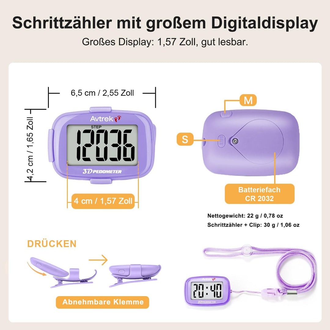 AVTREK Präziser 3D-Schrittzähler Mini-Schrittzähler für Walking oder Laufen im Freien Wanderaktivitä