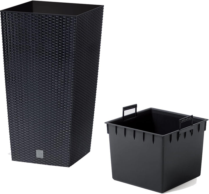 Prosperplast Blumentopf in Rattan-Optik Pflanzkübel mit Einsatz | 26,5 x 26,5 x 50 cm | anthrazit |