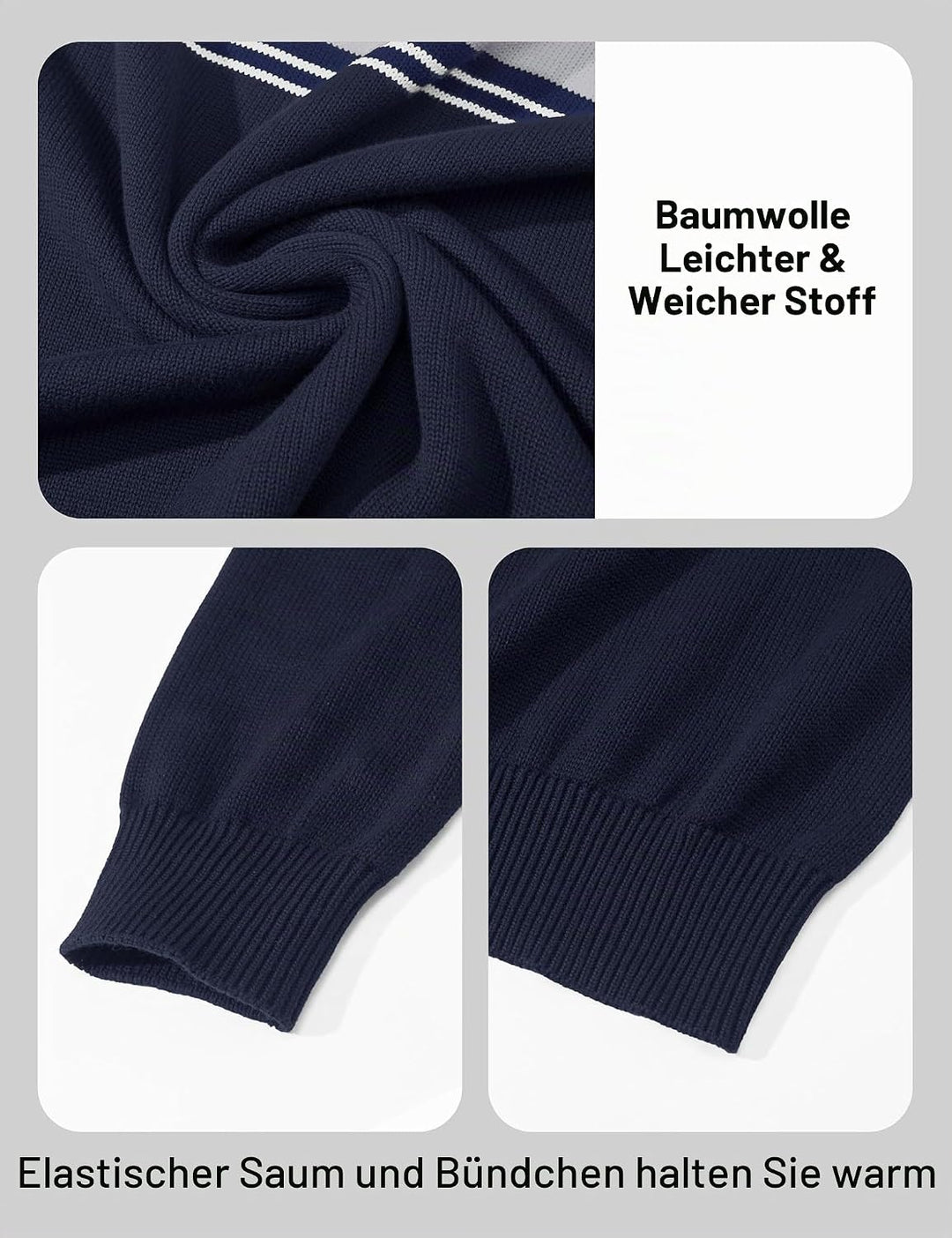 MAGCOMSEN Herren Strickpullover Stehkragen 1/4 Zip Pullover Gestreift Sweater Baumwolle Langarm Swea