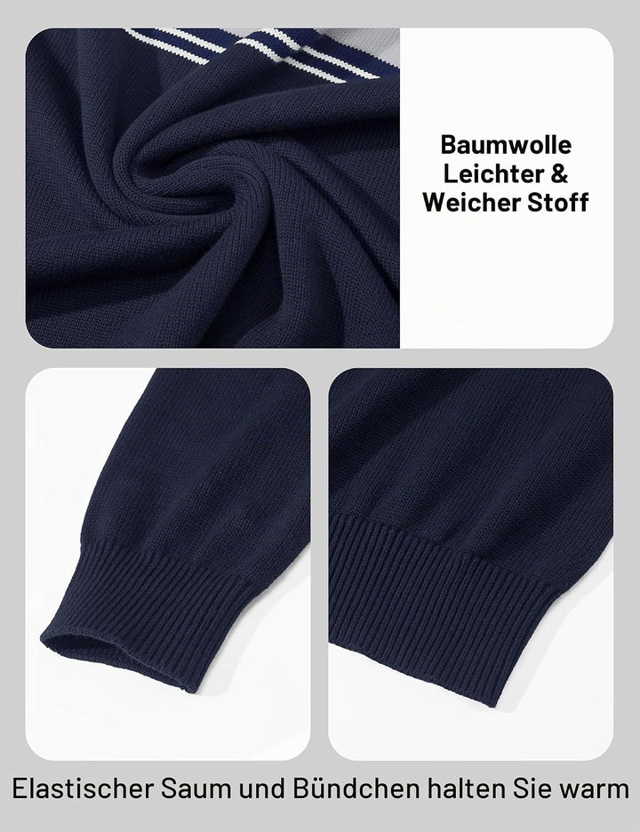 MAGCOMSEN Herren Strickpullover Stehkragen 1/4 Zip Pullover Gestreift Sweater Baumwolle Langarm Swea