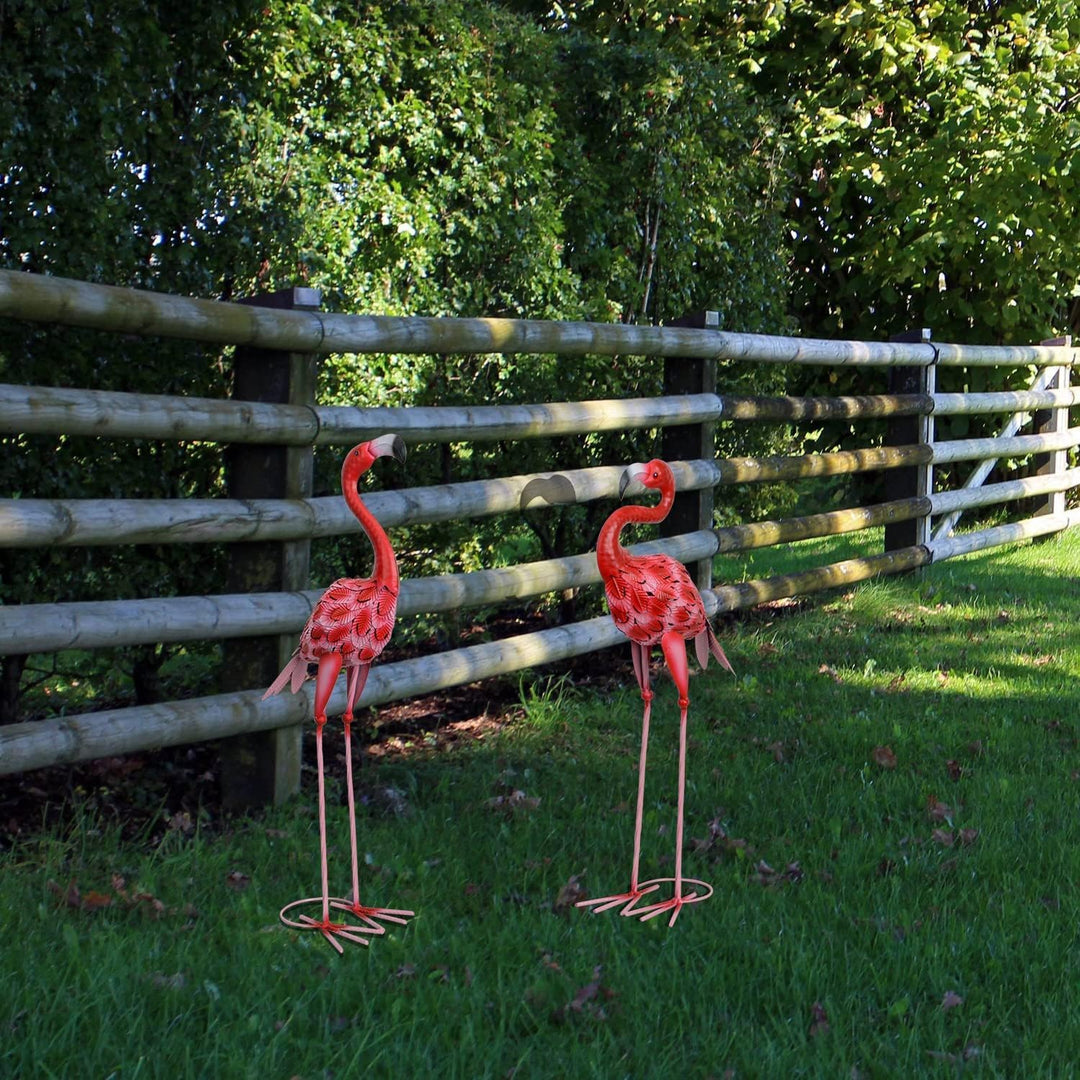 AOFOX Flamingo-Gartenstatuen und Skulpturen, 2 Stück Metall, grosse rote Flamingo-Vogelgarten-Kunst-