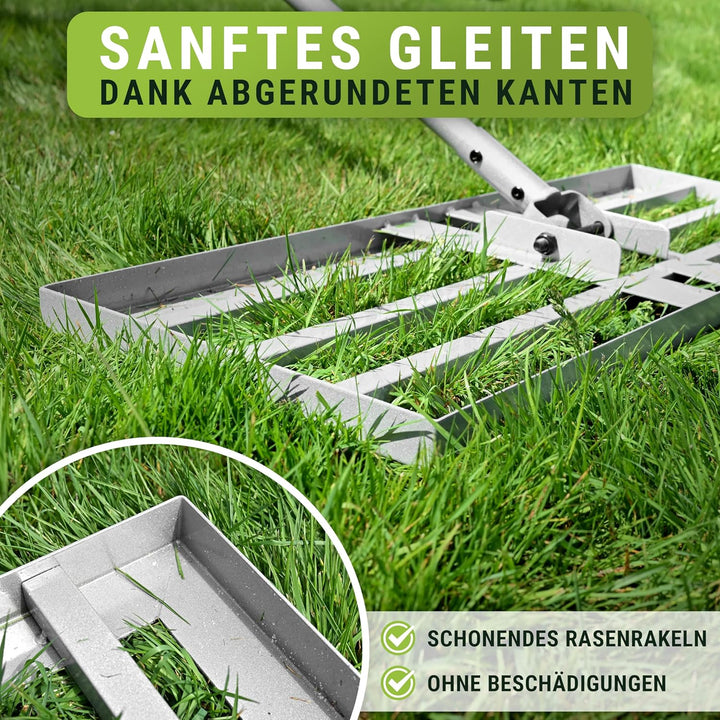[80x30cm] Rasen Rakel mit extra langem Stiel [2 Meter] Inkl. Gartenhandschuhe - Handlicher Rasen Niv