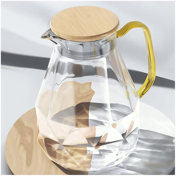 DUJUST Glaskaraffe mit Bambus Deckel 2 Liter, Wasserkaraffe im Modernen Diamant Design, Glaskrug mit