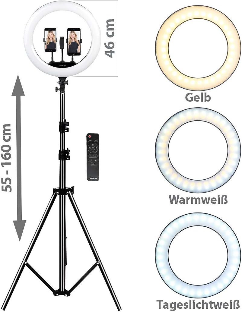 Somikon Videoleuchte: XL-LED-Ringlicht mit Smartphone-Halter, Ø 46 cm, USB-Port, dimmbar (LED Ringle