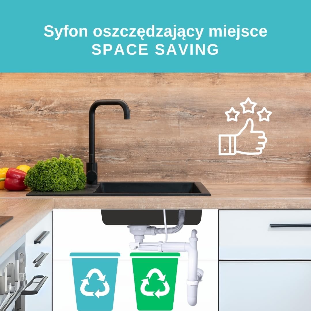 GRANMASTER Automatischer Platzsparender 1-Kammer-Siphon mit überlauf - Ablaufgarnitur für Spüle - Ma