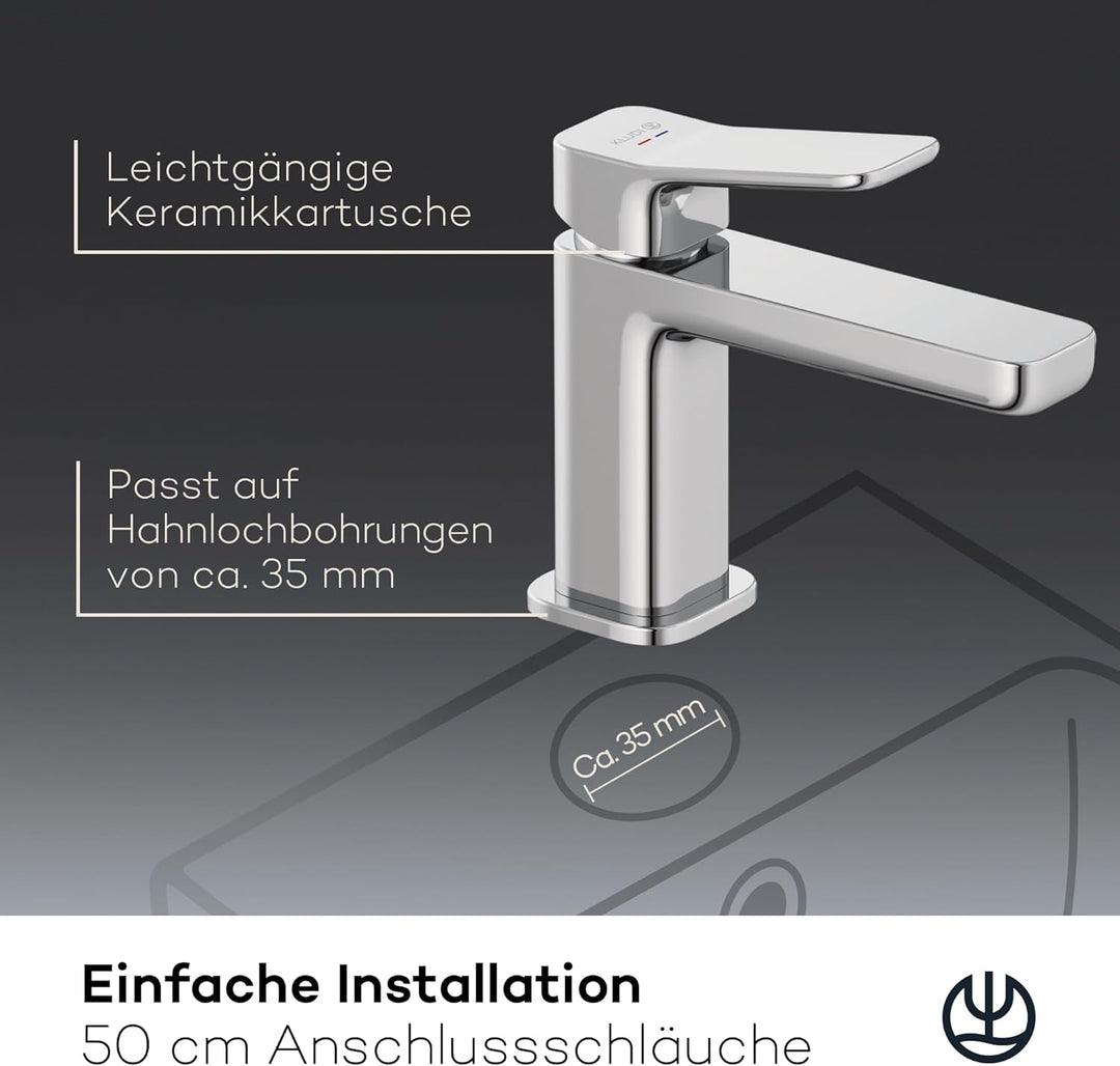 KLUDI-X3 Waschtischarmatur, Auslaufhöhe 85 mm, wassersparender Wasserhahn Bad Grösse S, Keramikkartu