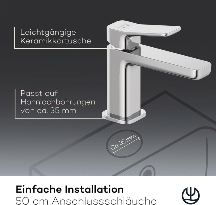 KLUDI-X3 Waschtischarmatur, Auslaufhöhe 85 mm, wassersparender Wasserhahn Bad Grösse S, Keramikkartu
