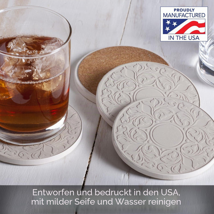 CASA BRUNO Embossed Victorian Lace - Getränke Untersetzer aus Sandstein - 4er Geschenkpackung