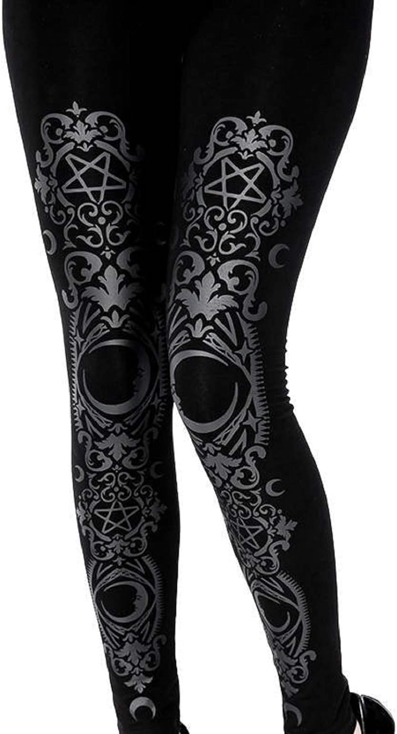 Wild Star Hearts Monogram Baroque Leggings Damen Schwarz Gothic Punk Leggins Hose mit Grau Druck (XX