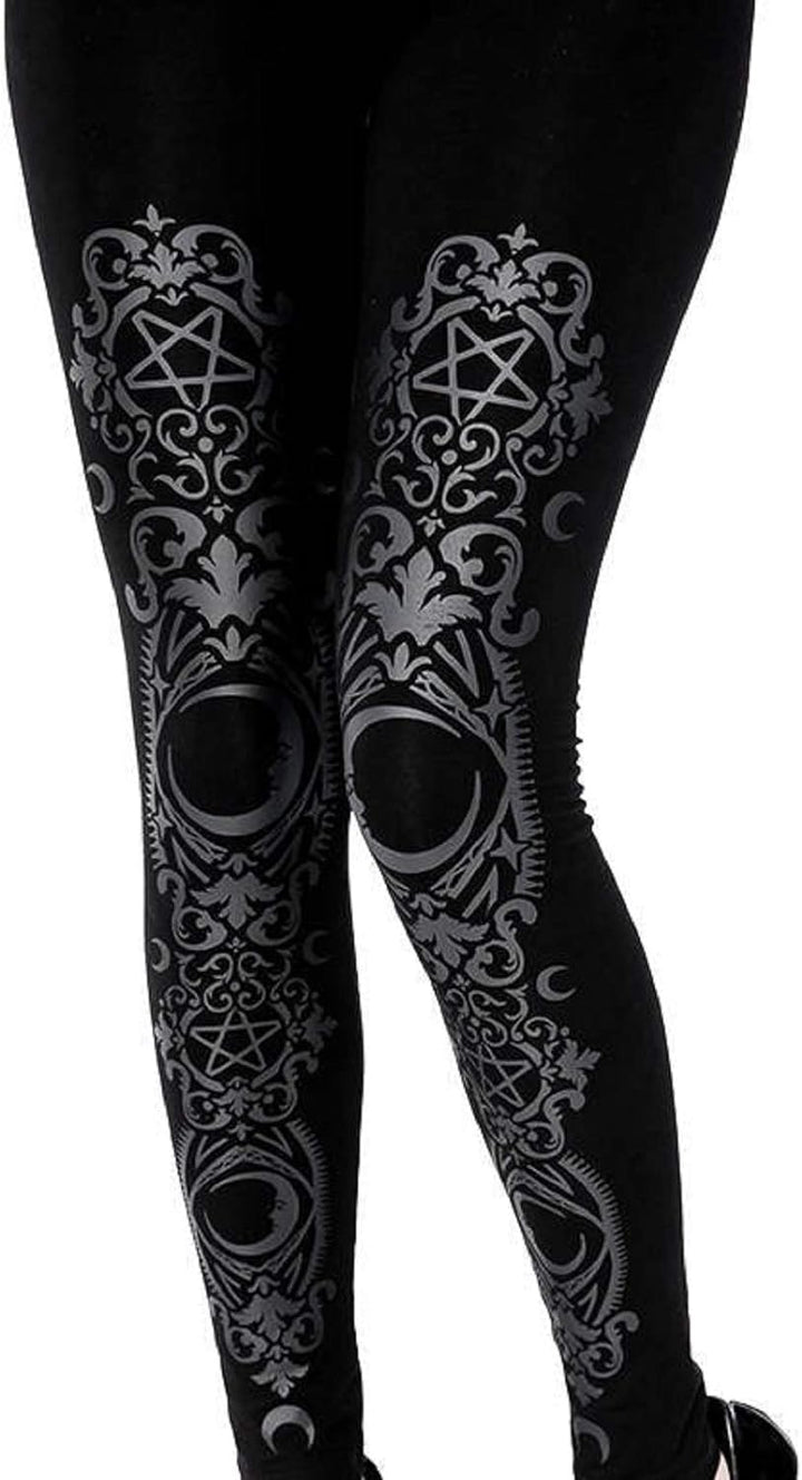 Wild Star Hearts Monogram Baroque Leggings Damen Schwarz Gothic Punk Leggins Hose mit Grau Druck (XX
