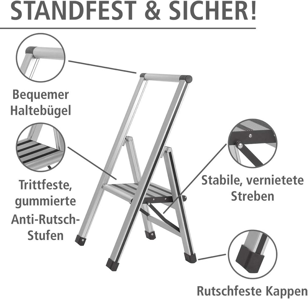 WENKO Leichte Aluminium Trittleiter mit 1 Stufe für 25 cm höheren Stand, rutschsichere XXL-Stufen, D