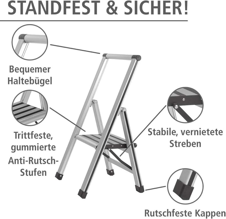 WENKO Leichte Aluminium Trittleiter mit 1 Stufe für 25 cm höheren Stand, rutschsichere XXL-Stufen, D