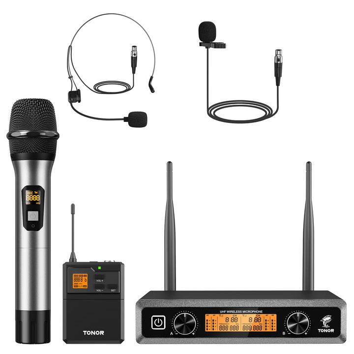TONOR Duales UHF Mikrofon Kabellos Set mit Handmikrofon/Bodypack Transmitter/Headset Funkmikrofon/La