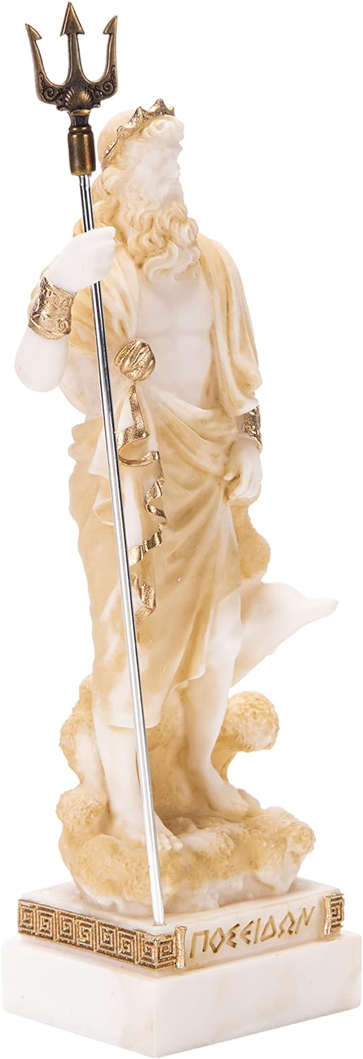Poseidon Griechischer Gott des Meeres mit Dreizack Statue Figur Gold Alabaster 17,8 cm