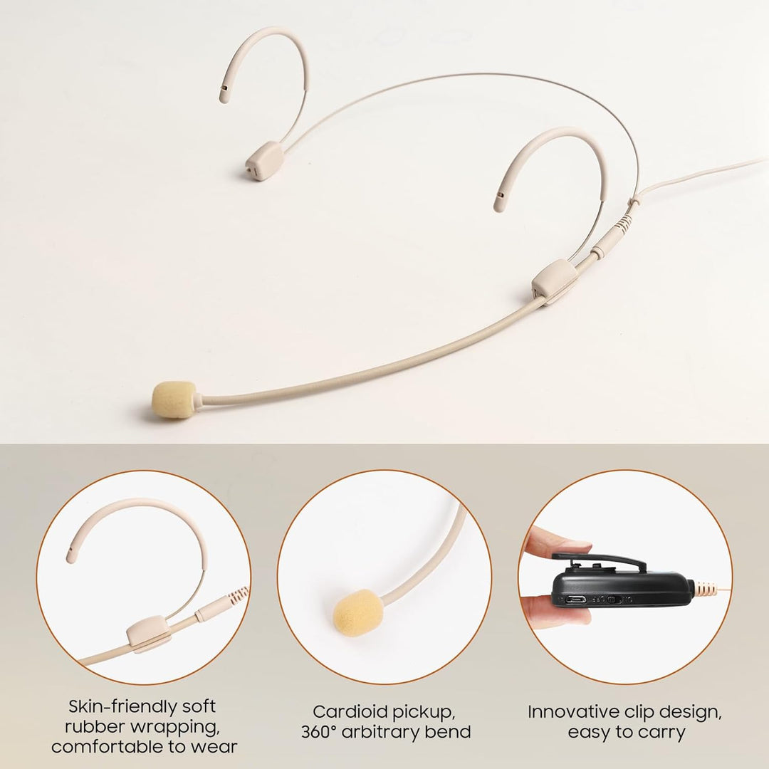 XIAOKOA Kabelloses Headset Mikrofon, UHF Hautton Drahtloses Mikrofon Lautsprechersystem, Beigefarben