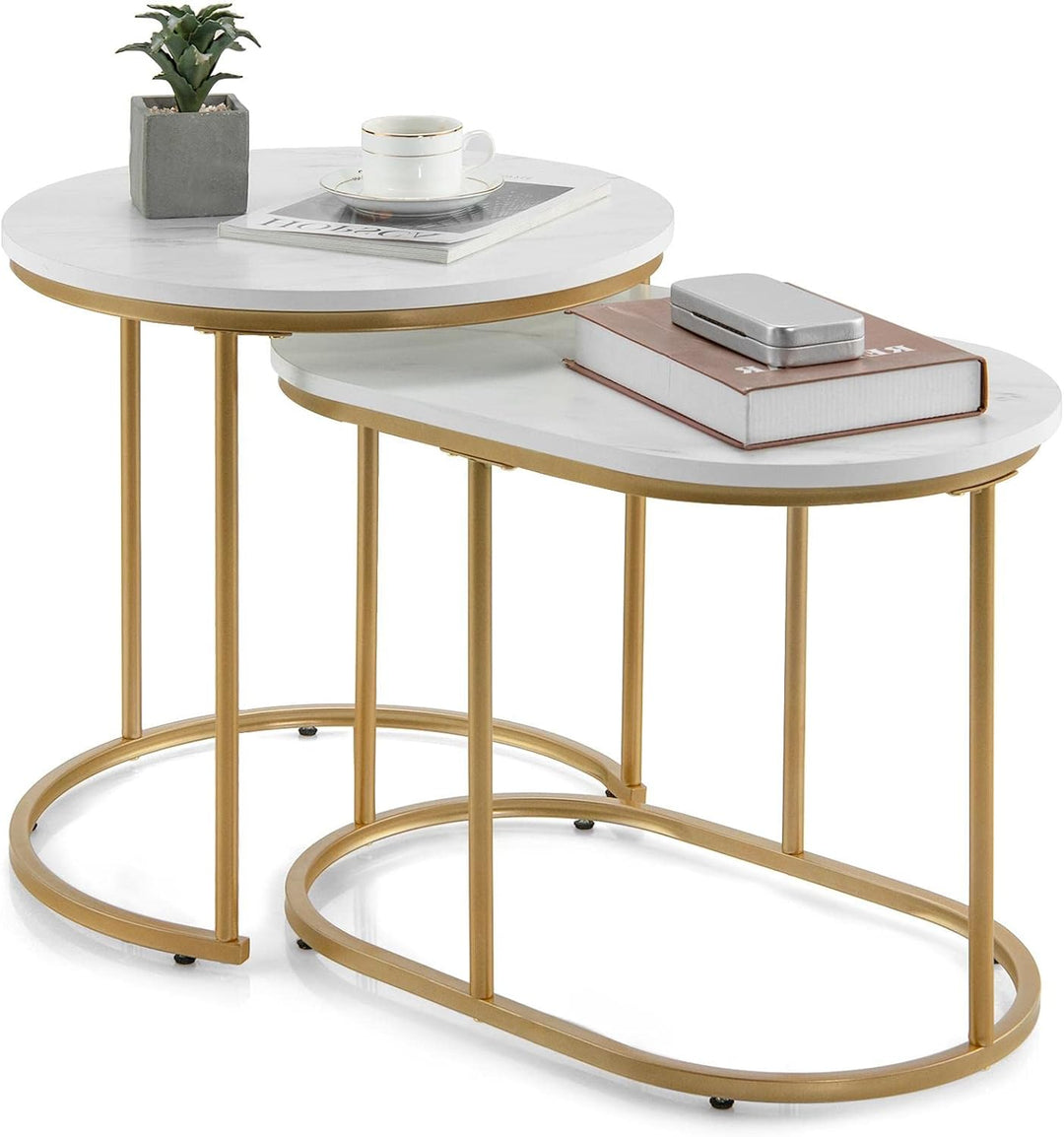 Giantex 2er Set Beistelltisch Marmor Gold, Couchtisch Sofatisch Verschiedene Grössen, Wohnzimmertisc