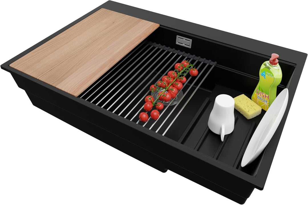 Spülbecken Schwarz 78x53 cm, Granitspüle 1 Becken + Ablauf-Set, Küchenspüle ab 80er Unterschrank, Ei
