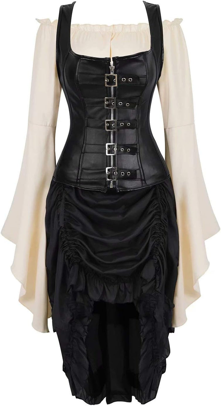 Jutrisujo Steampunk Corsage Corsagenkleid korsett bustier piraten Kostüm mit Spitzenrock und Bluse f