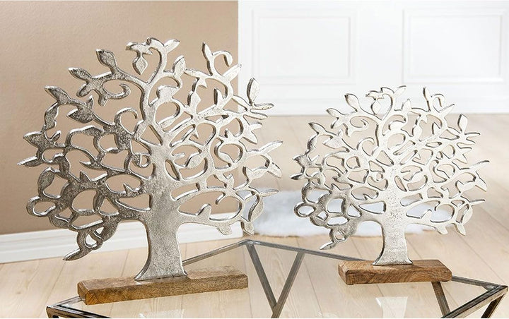 Gilde Aluminium Lebensbaum auf Holzbasis Silber Mango 37 cm G48183