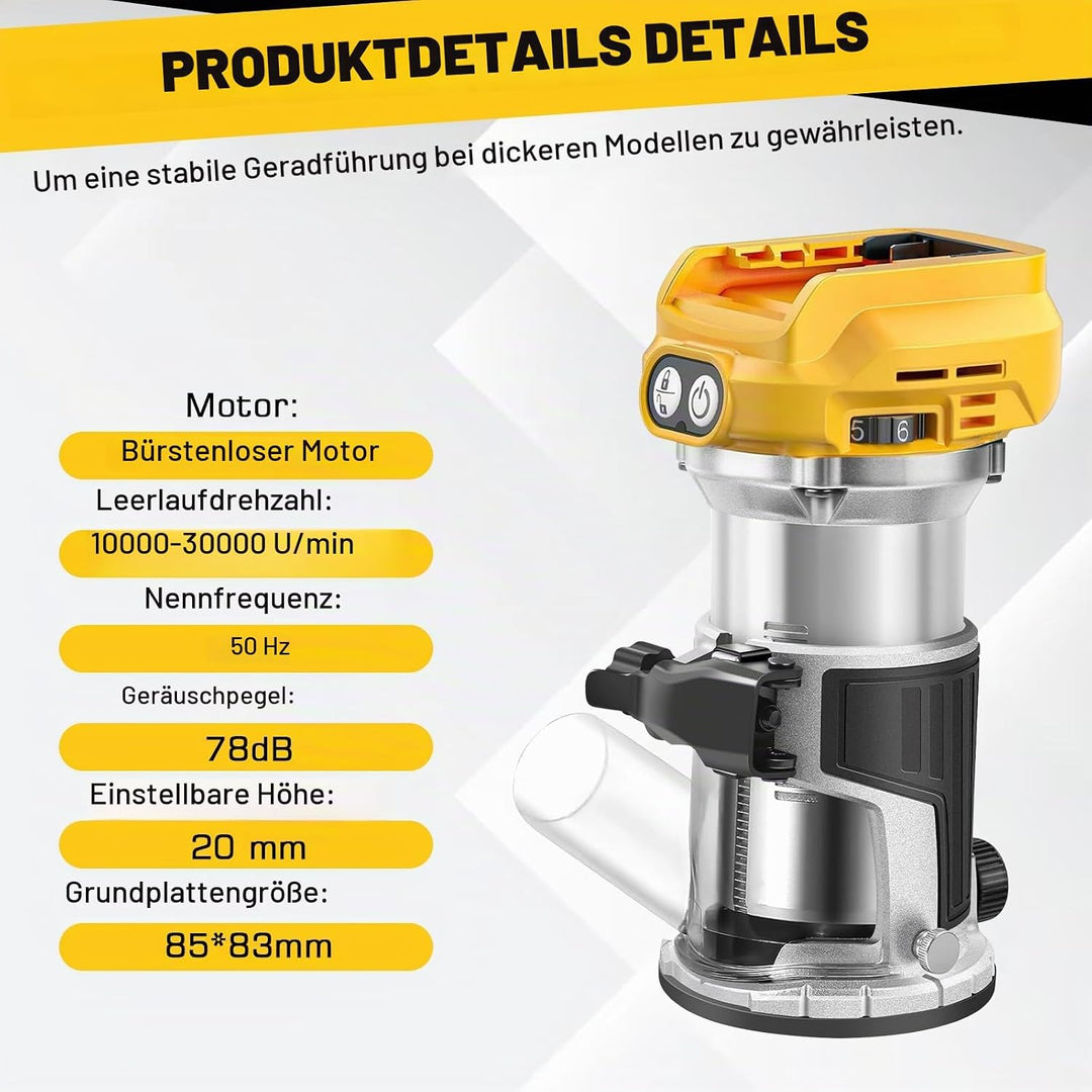 Akku Oberfräse kompatibel mit Dewalt DCB 18V-20V Akku, 800W Oberfräse Trimmer Einhandfräse, Bürstenl