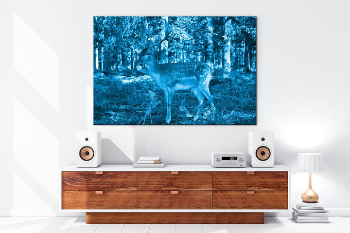 deyoli bezaubernder Hirsch im Wald Format 80x60 Effekt: Monocrome Blau als Leinwandbild, Motiv ferti