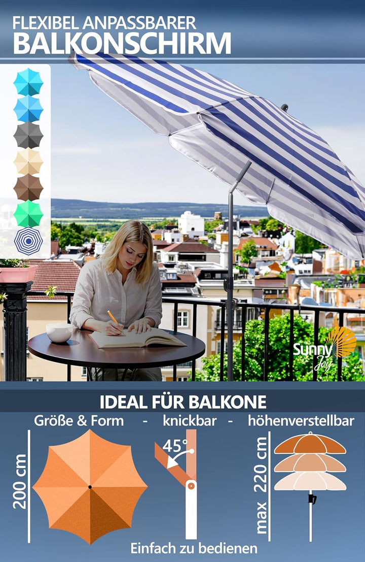 4smile Sonnenschirm Balkon SunnyJoy Ø 180 cm, 3-IN-1 Set - UPF 50+ Balkon Schirm + Sonnenschirmhalte