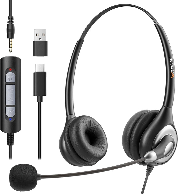 Wantek Headsets mit Mikrofon Noise Cancelling,USB/Typ-C/3.5mm Jack 3-in-1 PC Headsets,USB Headsets u