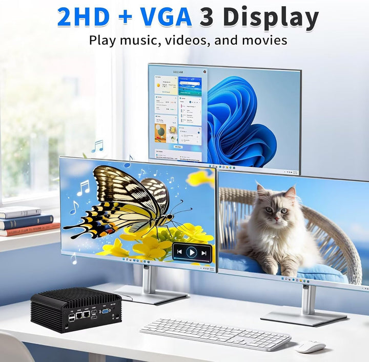 Fanless Mini PC N150 (N100 Upgrade), DDR4 8GB RAM 128GB NVMe SSD, 2 LAN 4 COM Lüfterlos Industrie PC