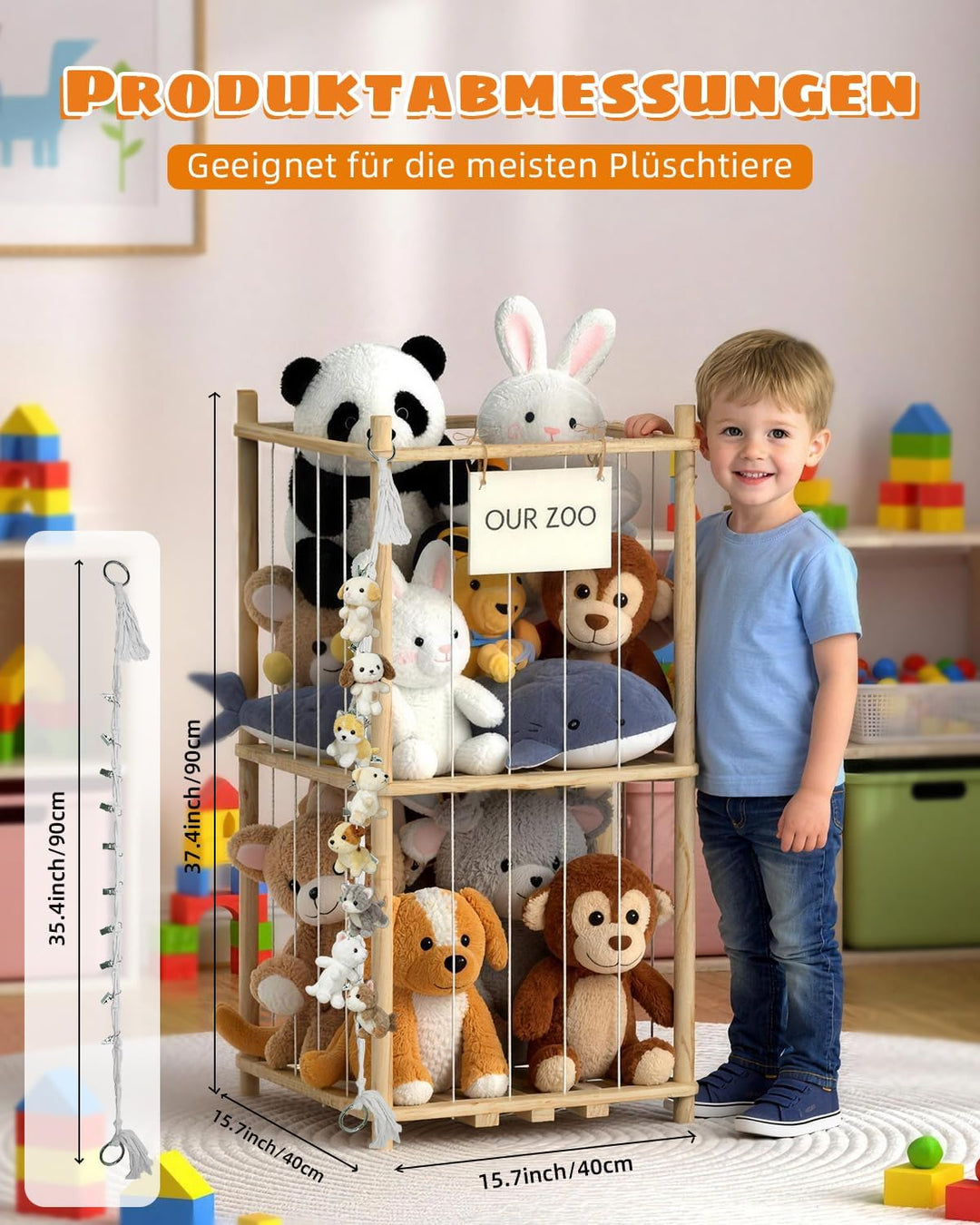 JINDUN Kuscheltier Aufbewahrung Aus Holz, 95cm Höhe Aufbewahrung Kuscheltiere, mit Stofftier Aufbewa