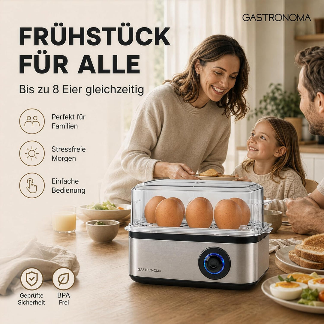 Gastronoma Eierkocher - Eierkocher 8 Eier - Egg Cooker mit Timer - Edelstahl - Silber