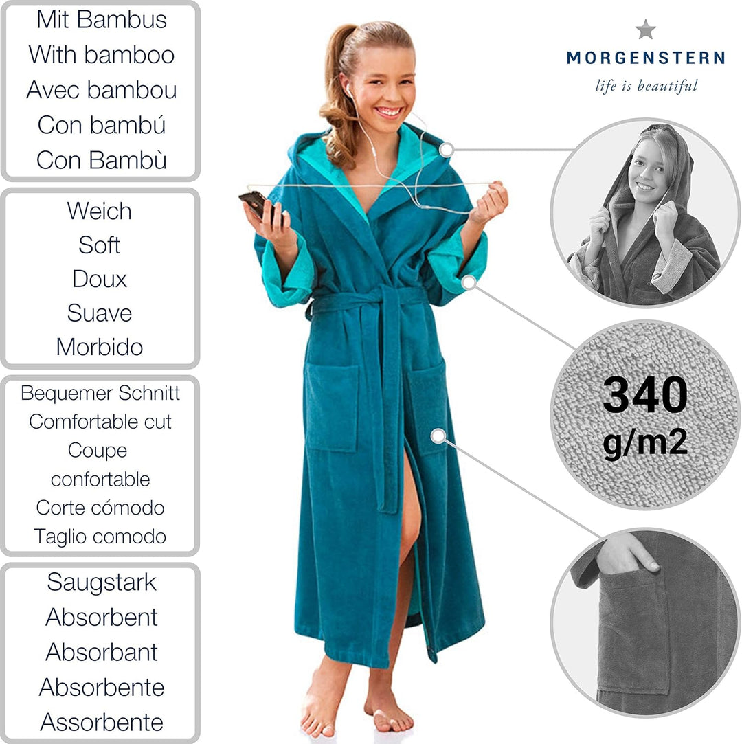 Morgenstern Bademantel Kinder Teenager Mädchen Jungen Frottee Velours Kapuze 134-140 Petrol, 134-140