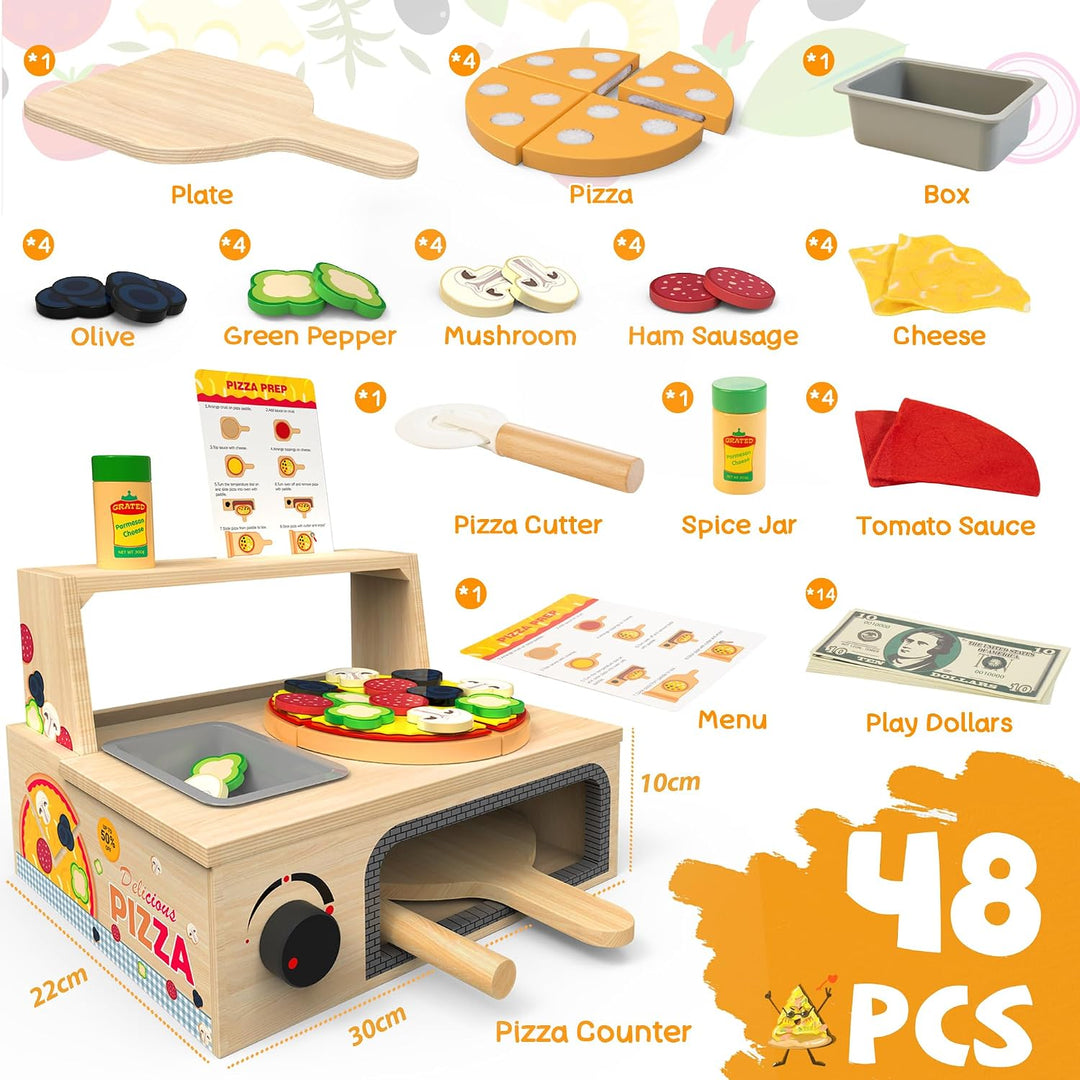 Pizza-Ofen Holzspielzeug ab 3 Jahre Kinder Montessori Spielzeug Kinderküche Zubehör mit Pizza, Pizza