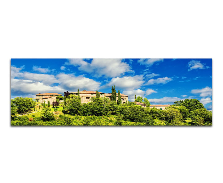 Paul Sinus Art Panoramabild auf Leinwand und Keilrahmen 120x40cm Toskana Dorf Bäume Wolken Sommer