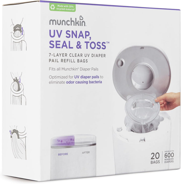 Munchkin UV Snap, Seal & Toss Windeleimer Nachfüllbeutel für 600 Windeln, 20 Stück