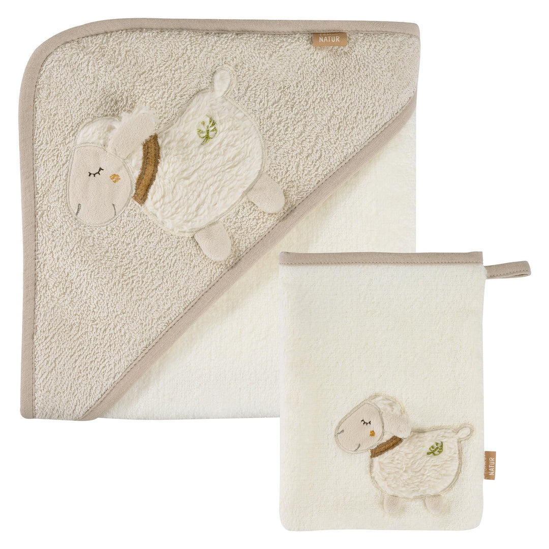 Fehn Bade-Set Schaf Natur – Bade-Set Handtuch & Waschlappen aus Baumwolle aus biolgischem Anbau - mi