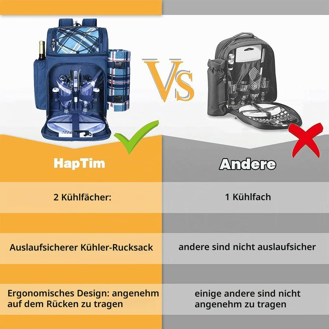 Hap Tim Picknickkorb Rucksack für 2 Personen mit isoliertem auslaufsicherem Kühlfach, Weinhalter, Fl