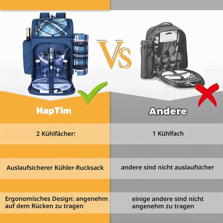 Hap Tim Picknickkorb Rucksack für 2 Personen mit isoliertem auslaufsicherem Kühlfach, Weinhalter, Fl