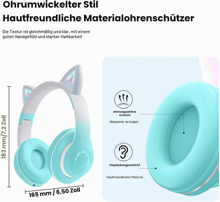 OHAANYY Katzenohr Kopfhörer Kindergeburtstag Geschenke Kind LED Katzenohren Farbgradient Kabellose B