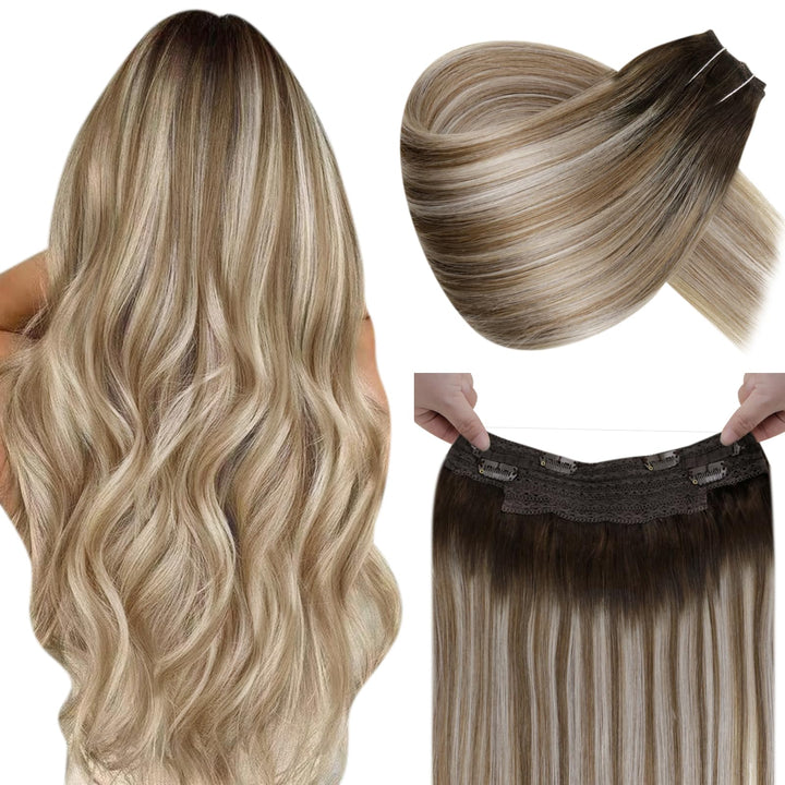 LaaVoo Extensions Echthaar mit Draht Balayage Braun Secret Wire Echthaar Extensions Dunkelbraun Ombr