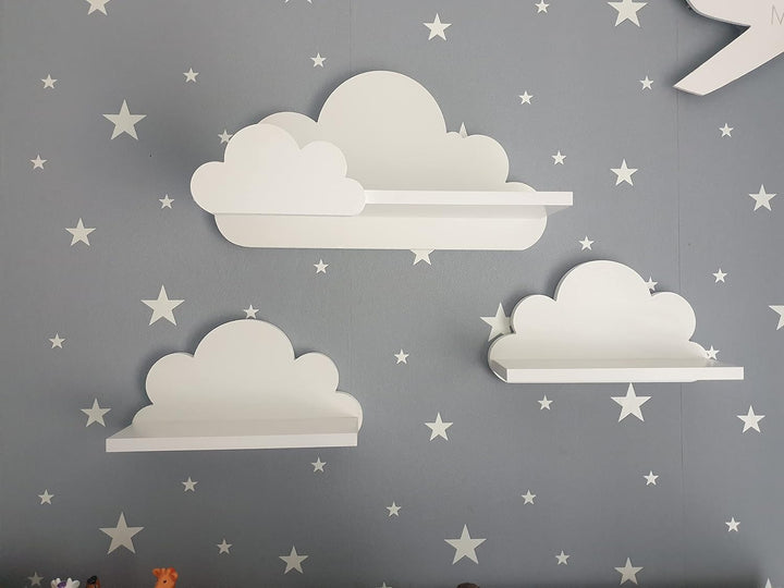 Wandregal Kinderzimmer Wolke Weiss (3er Set) – Modell Laguna Prestige – Solides 18mm MDF Bücherregal