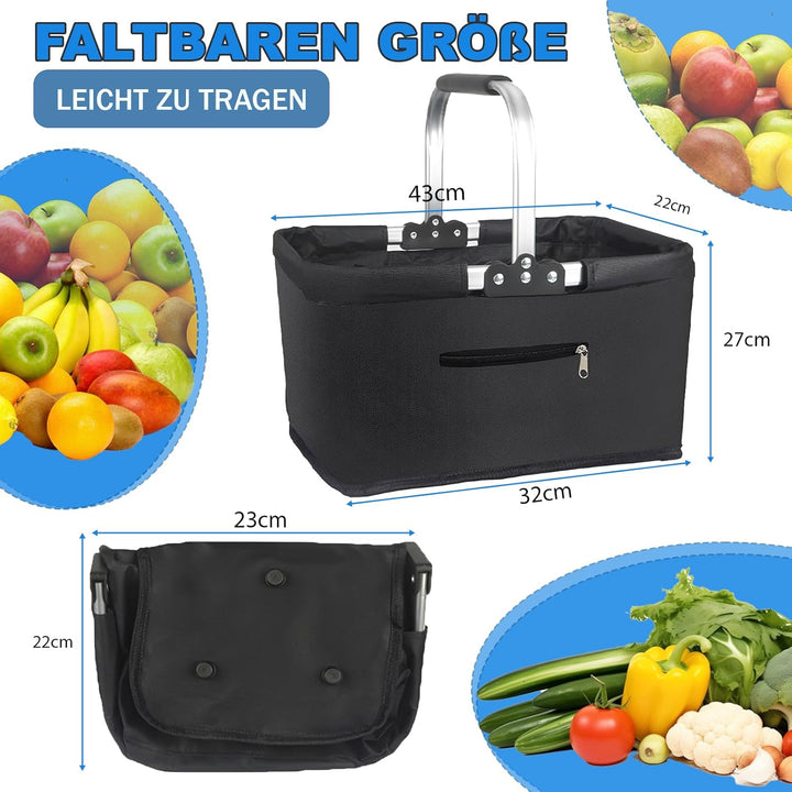 Faltbarer Einkaufskorb 25L, Klappkorb mit Gepolsterten Griffen und Reissverschlusstasche, praktische