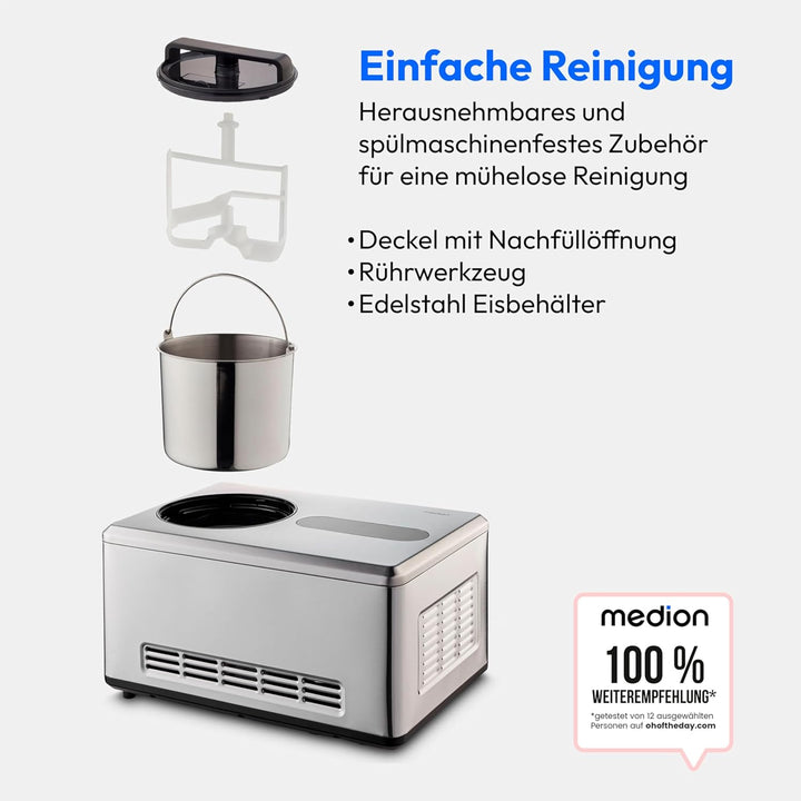 MEDION smarte Eismaschine mit Kompressor (selbstkühlend, App Steuerung inkl. Eis-Rezepte, LED Displa