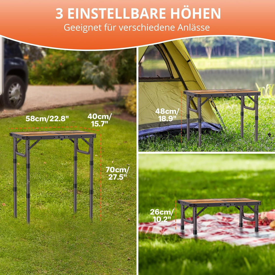 FUNYKICH Campingtisch Klapptisch 58x40cm, Faltbarer Grilltisch mit 3 Höhen Verstellbarer(26/48/70cm)