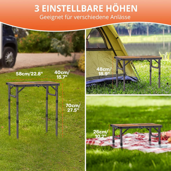 FUNYKICH Campingtisch Klapptisch 58x40cm, Faltbarer Grilltisch mit 3 Höhen Verstellbarer(26/48/70cm)