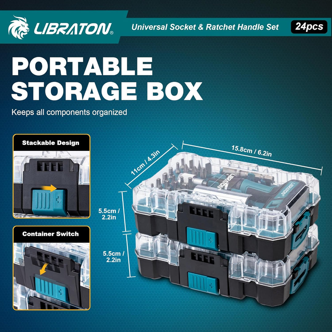 LIBRATON 24-tlg. 1/4" Drive T-Griff Ratsche & Universalschlüssel, Bitsatz, Steckschlüssel adapter Ad