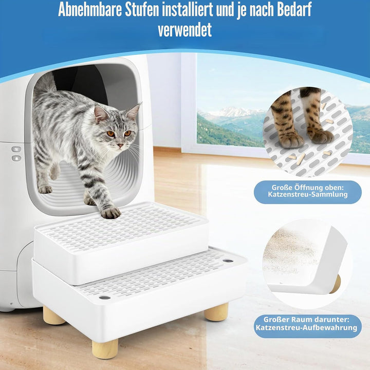 Bartuke Verstellbare 2-stufige Katzentoilettenrampe, Katzen Treppen&amp;Stufen mit Holzfüsse Filterfunkt