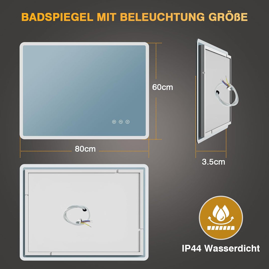 80x60 cm LED Badspiegel mit Beleuchtung – Dimmbare, Antibeschlag, 3 Lichtfarben, IP44, Speicherfunkt
