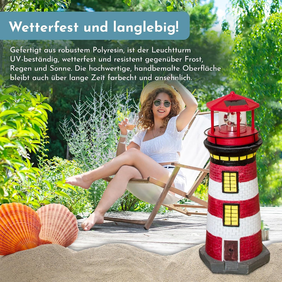 NATIV LED Solar-Leuchtturm mit rotierender Leuchte, handgefertiger Dekoturm für den Aussenbereich, 3