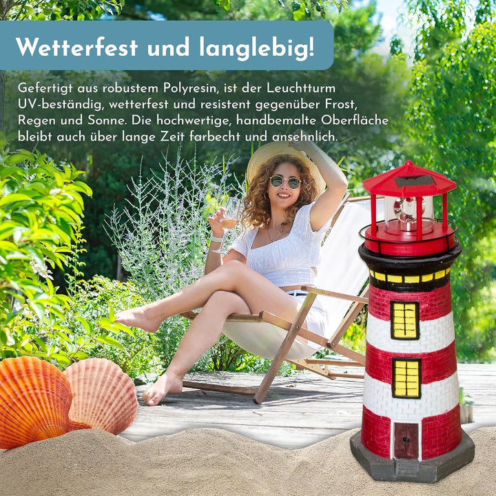 NATIV LED Solar-Leuchtturm mit rotierender Leuchte, handgefertiger Dekoturm für den Aussenbereich, 3