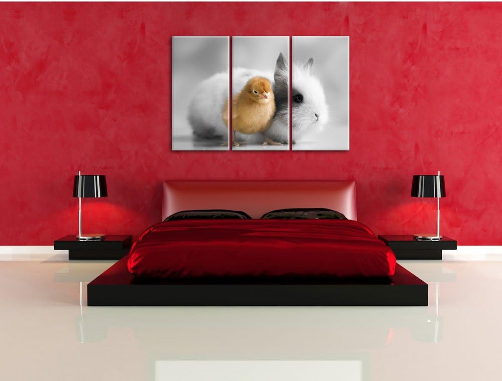 Pixxprint kleines Küken mit süssem Häschen B&W Detail 3-Teiler Leinwandbild 120x80 Bild auf Leinwand